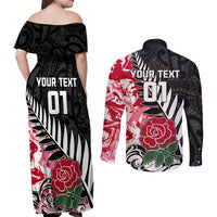 Custom New Zealand and England Rugby Couples Matching Off Shoulder Maxi Dress and Long Sleeve Button Shirt Silver Fern With Red Rose World Cup 2023 LT01 - Polynesian Pride