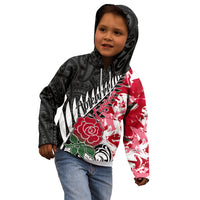 Custom New Zealand and England Rugby Kid Hoodie Silver Fern With Red Rose World Cup 2023 LT01 - Polynesian Pride