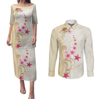Beige Frangipani Sea Shell Couples Matching Puletasi and Long Sleeve Button Shirt Starfish Polynesian Pattern - Polynesian Pride