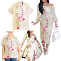 Beige Frangipani Sea Shell Family Matching Off The Shoulder Long Sleeve Dress and Hawaiian Shirt Starfish Polynesian Pattern - Polynesian Pride