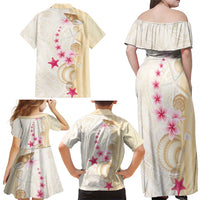 Beige Frangipani Sea Shell Family Matching Off Shoulder Maxi Dress and Hawaiian Shirt Starfish Polynesian Pattern - Polynesian Pride