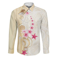 Beige Frangipani Sea Shell Family Matching Off Shoulder Maxi Dress and Hawaiian Shirt Starfish Polynesian Pattern LT01 Dad's Shirt - Long Sleeve Beige - Polynesian Pride