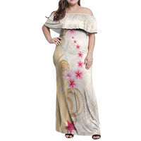 Beige Frangipani Sea Shell Family Matching Off Shoulder Maxi Dress and Hawaiian Shirt Starfish Polynesian Pattern LT01 Mom's Dress Beige - Polynesian Pride