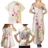 Beige Frangipani Sea Shell Family Matching Summer Maxi Dress and Hawaiian Shirt Starfish Polynesian Pattern - Polynesian Pride