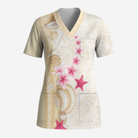 Beige Frangipani Sea Shell Scrub Top Starfish Polynesian Pattern - Polynesian Pride