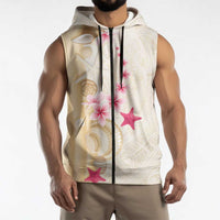 Beige Frangipani Sea Shell Sleeveless Zip Hoodie Starfish Polynesian Pattern LT01