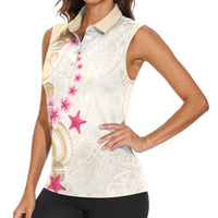 Beige Frangipani Sea Shell Women Sleeveless Polo Shirt Starfish Polynesian Pattern - Polynesian Pride