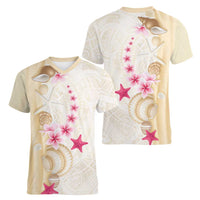 Beige Frangipani Sea Shell Women V-Neck T-Shirt Starfish Polynesian Pattern - Polynesian Pride