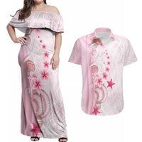 Pink Plumeria Sea Shell Couples Matching Off Shoulder Maxi Dress and Hawaiian Shirt Starfish Polynesian Pattern - Polynesian Pride