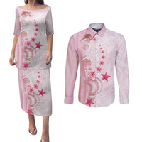Pink Plumeria Sea Shell Couples Matching Puletasi and Long Sleeve Button Shirt Starfish Polynesian Pattern LT01 Pink - Polynesian Pride