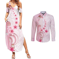 Pink Plumeria Sea Shell Couples Matching Summer Maxi Dress and Long Sleeve Button Shirt Starfish Polynesian Pattern LT01 Pink - Polynesian Pride