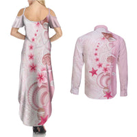 Pink Plumeria Sea Shell Couples Matching Summer Maxi Dress and Long Sleeve Button Shirt Starfish Polynesian Pattern LT01 - Polynesian Pride