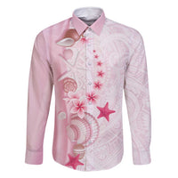 Pink Plumeria Sea Shell Family Matching Long Sleeve Bodycon Dress and Hawaiian Shirt Starfish Polynesian Pattern - Polynesian Pride