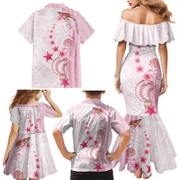 Pink Plumeria Sea Shell Family Matching Mermaid Dress and Hawaiian Shirt Starfish Polynesian Pattern - Polynesian Pride