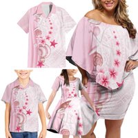 Pink Plumeria Sea Shell Family Matching Off Shoulder Short Dress and Hawaiian Shirt Starfish Polynesian Pattern - Polynesian Pride
