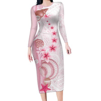 Pink Plumeria Sea Shell Long Sleeve Bodycon Dress Starfish Polynesian Pattern - Polynesian Pride
