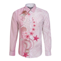 Pink Plumeria Sea Shell Long Sleeve Button Shirt Starfish Polynesian Pattern - Polynesian Pride