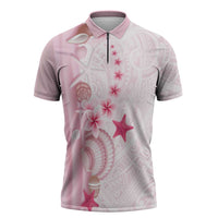 Pink Plumeria Sea Shell Zipper Polo Shirt Starfish Polynesian Pattern - Polynesian Pride