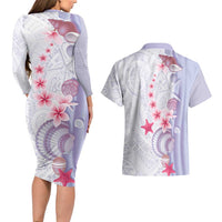 Purple Plumeria Sea Shell Couples Matching Long Sleeve Bodycon Dress and Hawaiian Shirt Starfish Polynesian Pattern - Polynesian Pride