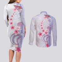 Purple Plumeria Sea Shell Couples Matching Long Sleeve Bodycon Dress and Long Sleeve Button Shirt Starfish Polynesian Pattern - Polynesian Pride