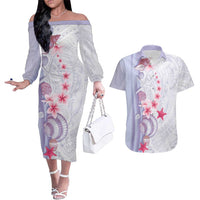 Purple Plumeria Sea Shell Couples Matching Off The Shoulder Long Sleeve Dress and Hawaiian Shirt Starfish Polynesian Pattern - Polynesian Pride