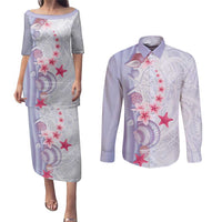 Purple Plumeria Sea Shell Couples Matching Puletasi and Long Sleeve Button Shirt Starfish Polynesian Pattern - Polynesian Pride