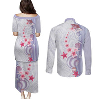 Purple Plumeria Sea Shell Couples Matching Puletasi and Long Sleeve Button Shirt Starfish Polynesian Pattern LT01 - Polynesian Pride