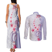 Purple Plumeria Sea Shell Couples Matching Tank Maxi Dress and Long Sleeve Button Shirt Starfish Polynesian Pattern - Polynesian Pride