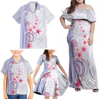 Purple Plumeria Sea Shell Family Matching Off Shoulder Maxi Dress and Hawaiian Shirt Starfish Polynesian Pattern - Polynesian Pride