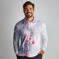 Purple Plumeria Sea Shell Long Sleeve Polo Shirt Starfish Polynesian Pattern - Polynesian Pride