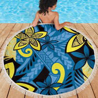 Plumeria Polynesian Pattern Beach Blanket Unique Fantasy Blue Yellow