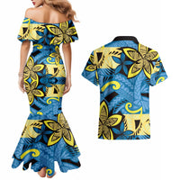 Plumeria Polynesian Pattern Couples Matching Mermaid Dress and Hawaiian Shirt Unique Fantasy Blue Yellow