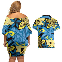 Plumeria Polynesian Pattern Couples Matching Off Shoulder Short Dress and Hawaiian Shirt Unique Fantasy Blue Yellow