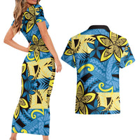 Plumeria Polynesian Pattern Couples Matching Short Sleeve Bodycon Dress and Hawaiian Shirt Unique Fantasy Blue Yellow