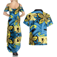 Plumeria Polynesian Pattern Couples Matching Summer Maxi Dress and Hawaiian Shirt Unique Fantasy Blue Yellow