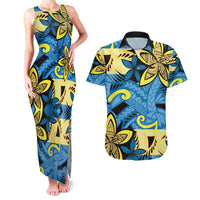 Plumeria Polynesian Pattern Couples Matching Tank Maxi Dress and Hawaiian Shirt Unique Fantasy Blue Yellow