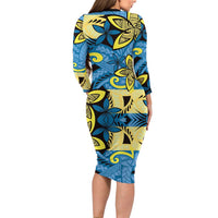 Plumeria Polynesian Pattern Family Matching Long Sleeve Bodycon Dress and Hawaiian Shirt Unique Fantasy Blue Yellow