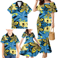 Plumeria Polynesian Pattern Family Matching Mermaid Dress and Hawaiian Shirt Unique Fantasy Blue Yellow
