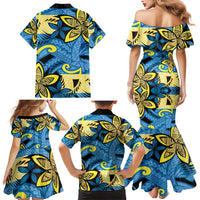 Plumeria Polynesian Pattern Family Matching Mermaid Dress and Hawaiian Shirt Unique Fantasy Blue Yellow