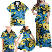 Plumeria Polynesian Pattern Family Matching Off Shoulder Maxi Dress and Hawaiian Shirt Unique Fantasy Blue Yellow