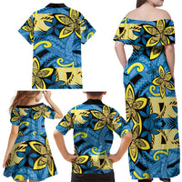 Plumeria Polynesian Pattern Family Matching Off Shoulder Maxi Dress and Hawaiian Shirt Unique Fantasy Blue Yellow
