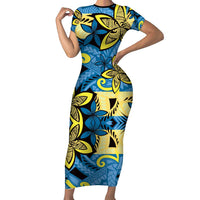 Plumeria Polynesian Pattern Family Matching Short Sleeve Bodycon Dress and Hawaiian Shirt Unique Fantasy Blue Yellow
