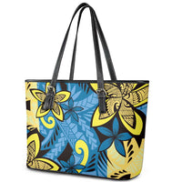 Plumeria Polynesian Pattern Leather Tote Bag Unique Fantasy Blue Yellow