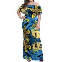 Plumeria Polynesian Pattern Off Shoulder Maxi Dress Unique Fantasy Blue Yellow LT01 Women Blue - Polynesian Pride
