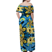 Plumeria Polynesian Pattern Off Shoulder Maxi Dress Unique Fantasy Blue Yellow LT01 - Polynesian Pride
