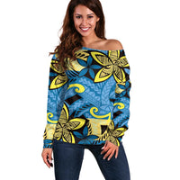 Plumeria Polynesian Pattern Off Shoulder Sweater Unique Fantasy Blue Yellow