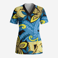Plumeria Polynesian Pattern Scrub Top Unique Fantasy Blue Yellow - Polynesian Pride