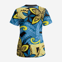 Plumeria Polynesian Pattern Scrub Top Unique Fantasy Blue Yellow - Polynesian Pride