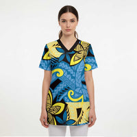 Plumeria Polynesian Pattern Scrub Top Unique Fantasy Blue Yellow - Polynesian Pride