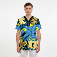Plumeria Polynesian Pattern Scrub Top Unique Fantasy Blue Yellow - Polynesian Pride